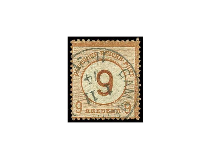 9 auf 9 Kr. braunorange mit seltenem Plattenfehler "Innenkreiskerbe rechts über dem zweiten E in KREUZER", Feld 99, sauber en