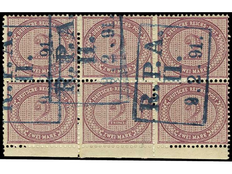 2 M. dunkelrotbraun im senkrechten 6er-Block mit Unterrand und mit blauem Ra3 "R.P.A II 9.2.91" als ungewöhnliche Entwertung,