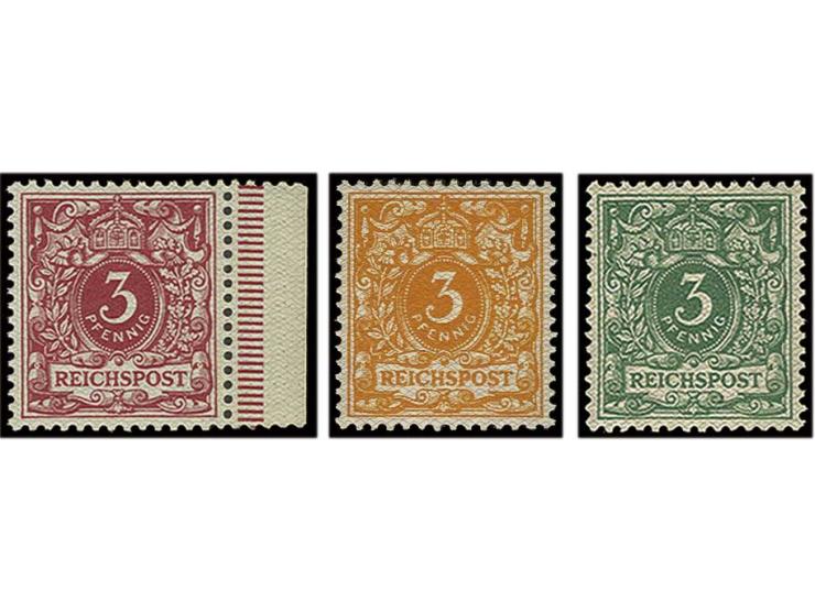 3 Pfg., Netzaufdruckprobe, 6 Werte kpl., je 3 Stück ungebraucht bzw. postfrisch, dabei ein Seiten- und ein Oberrandstück, 2 u