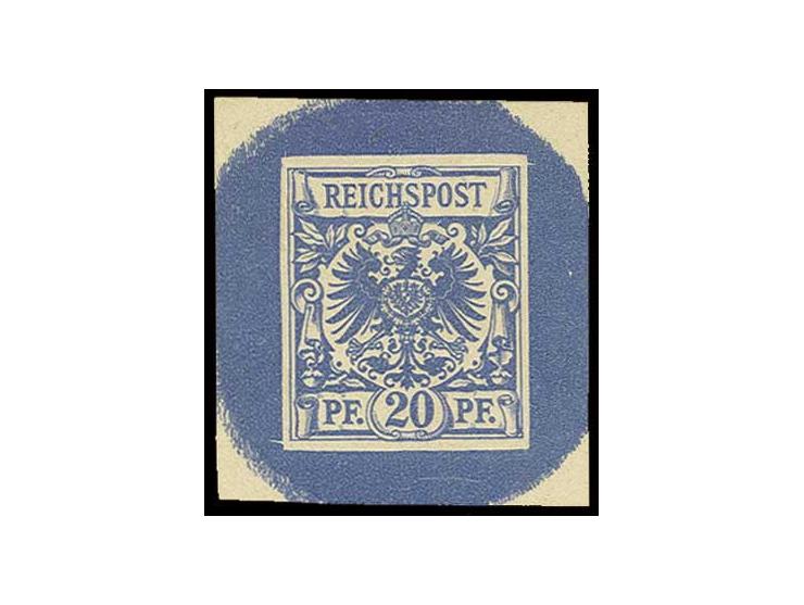 20 Pfg blau als Essay im Buchdruck auf ungummiertem Papier mit Blockrändern, rückseitig minimal fleckig, bildseitig Pracht, F