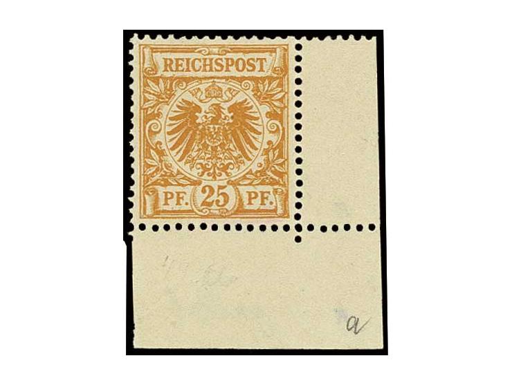 25 Pfg. gelborange, rechtes unteres Eckrandstück, farbfrisch und bis auf eine kurze Zahnspitze oben in guter Erhalltung, post