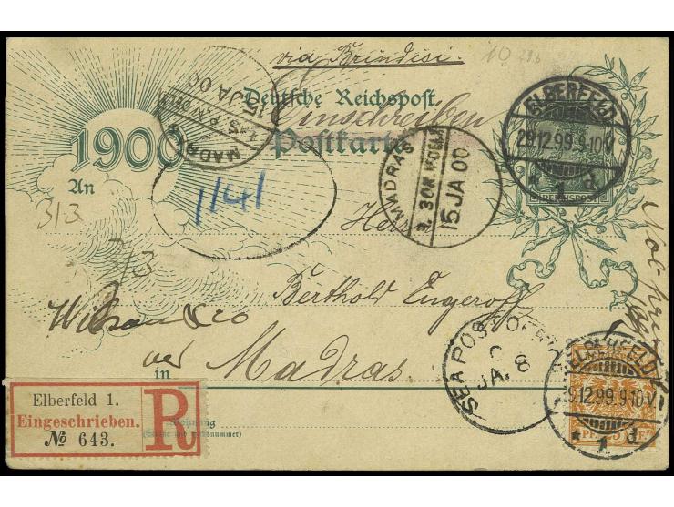 25 Pfg. orange auf Ganzsachenkarte Germania 5 Pfg. als R-Karte von "ELBERFELD 29.12.99" nach Madras mit Ankunftsstempel, Kart