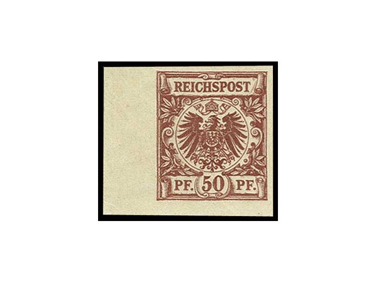 50 Pfg., Farbprobe lebhaftbraunrot, allseitig breitrandig ungezähnt mit linkem Bogenrand, farbfrisch, postfrisch mit kleiner 