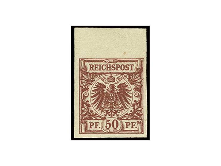 50 Pfg. lebhaftbraunrot, breitrandig ungezähntes Oberrandstück, postfrisch mit Falzspur im Rand, Kabinett, u.a. doppelt sign.