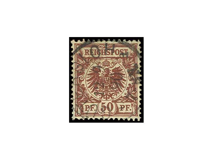 50 Pfg. bräunlichkarmin, farbfrisch, gut gezähnt und zentriert mit zentrischem Stempel "GÜTERSLOH 12 9 90" und Teilen von Res