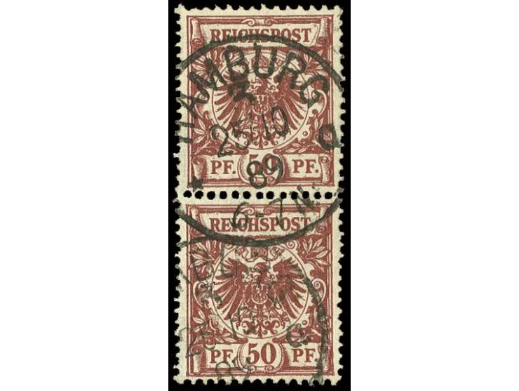 50 Pfg. dunkelfeuerrot im senkrechten Paar mit Stempel "HAMBURG 25/10 89", zwei winzig verkürzte Zahnspitzen oben, sonst tade