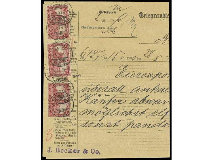 1 M. rot, 3 Werte, jeweils 2fach sauber gestempelt "HAMBURG T.A. 28.5.00" auf Telegrammformular, selten (ex Sammlung Gubito)