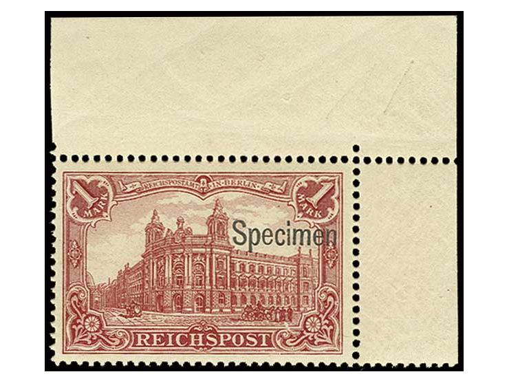 1 M. dunkelkarminrot mit Aufdruck "Specimen", postfrisches rechtes oberes Eckrandstück, Luxus, sign. Ludin BPP mit Fotoattest