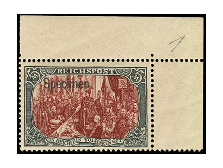 5 M. in Type II mit Aufdruck "Specimen", postfrische rechte obere Bogenecke, Luxus, sign. Pfenninger und Fotoattest Jäschke-L