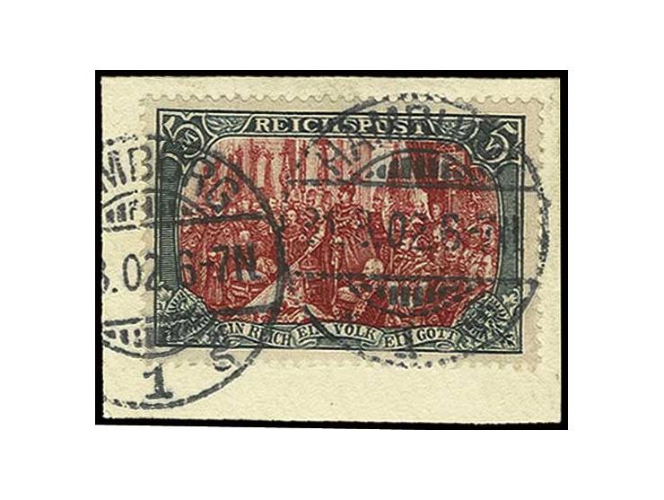 5 M., farbfrisch mit Stempel "HAMBURG 31.3.02" auf Briefstück, Kabinett, sign. Drahn (Mi. 500,-)