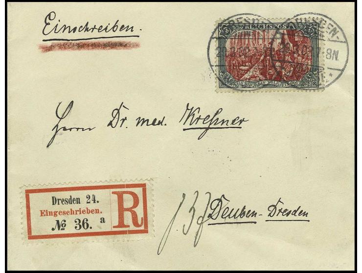 5 M., linke obere Ecke minimal stumpf sonst gute Erhaltung, auf R-Brief von "DRESDEN 29.3.02" nach Deuben mit Ank.-Stempel, s