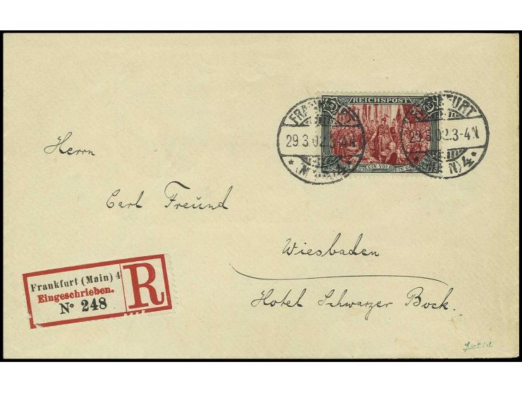 5 M. mit zwei klaren Stempeln "FRANKFURT 29.3.02" auf R-Brief nach Wiesbaden mit Ankunftsstempel, Kabinett, Fotoattest Jäschk