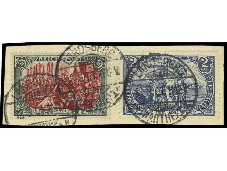 5 M. mit 2 M., sauber gestempelt "LANDSBERG (WARTHE) 13.9.01" auf Briefstück, Kabinett (Mi. 509,-) (ex Sammlung Gubito)
