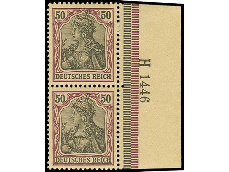 50 Pfg. im senkrechten Paar vom rechten Bogenrand mit HAN "1446", ungebraucht, untere Marke nur winzige Anhaftung (Mi. 400,-)