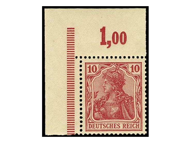 10 Pfg. dunkelrosarot, linkes oberes Plattendruck-Eckrandstück, postfrisch, Fotoattest Jäschke-L. BPP (Mi. 1600,-)