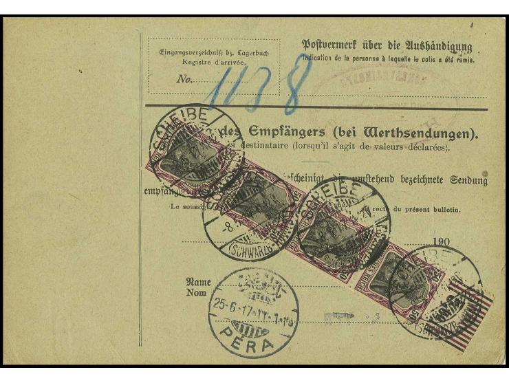 50 Pfg. auf mittelchromgelben Papier, senkrechter 4er-Streifen mit Walzenoberrand "1'4'1/2'3'2", rückseitig auf kpl. Paketkar