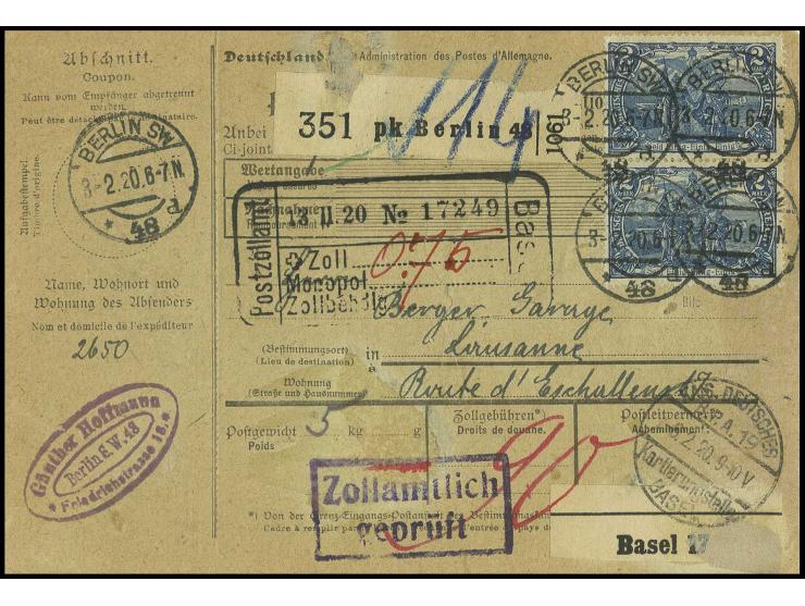2 M. schwarzviolett, jeweils ein senkrechtes Paar (geringfügige Zahnmängel) vorder- und rückseitig als Mehrfachfrankatur auf 