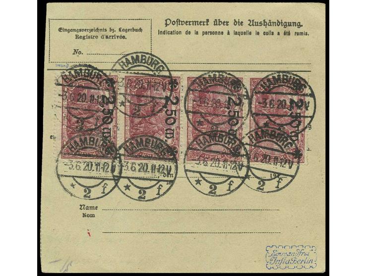 2,50 M. lilarosa im senkrechten 4er-Streifen (linke obere Marke leicht eckrund) mit Zusatzfrankatur auf Paketkarte von "HAMBU