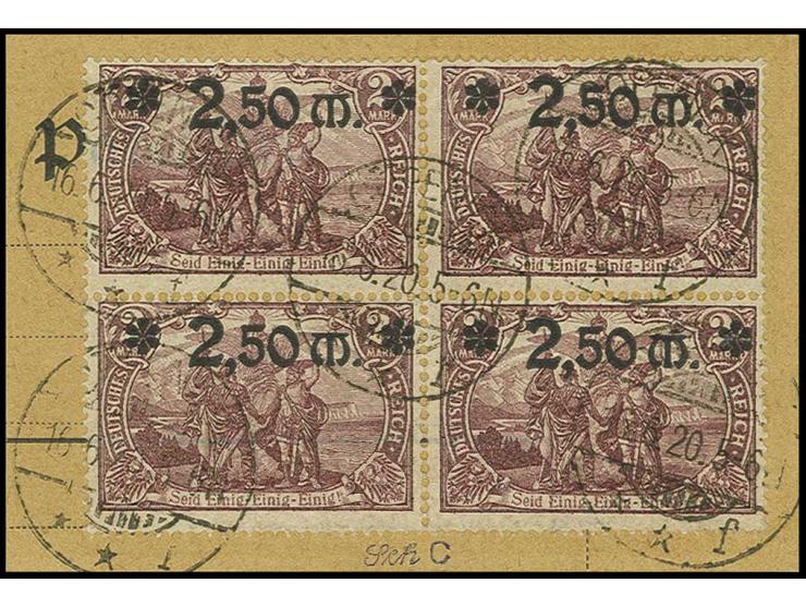 2,50 M. lilabraun im 4er-Block mit Stempel "CÖPENICK 16.6.20" auf Paketkartenabschnitt, extreme Rarität in Kabinetterhaltung,