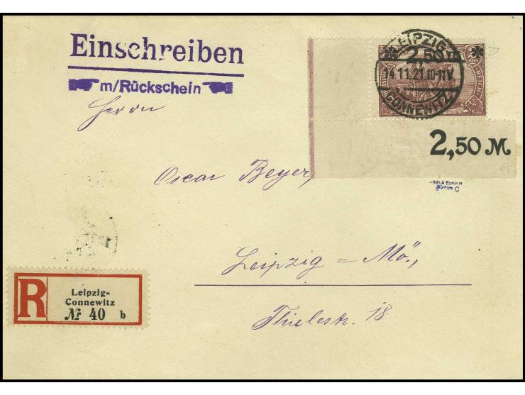 2,50 M. lilabraun, linkes unteres Eckrandstück mit Stempel "LEIPZIG-CONNEWITZ 14.11.21" auf mit 40 Pfg. überfrankiertem Orts-