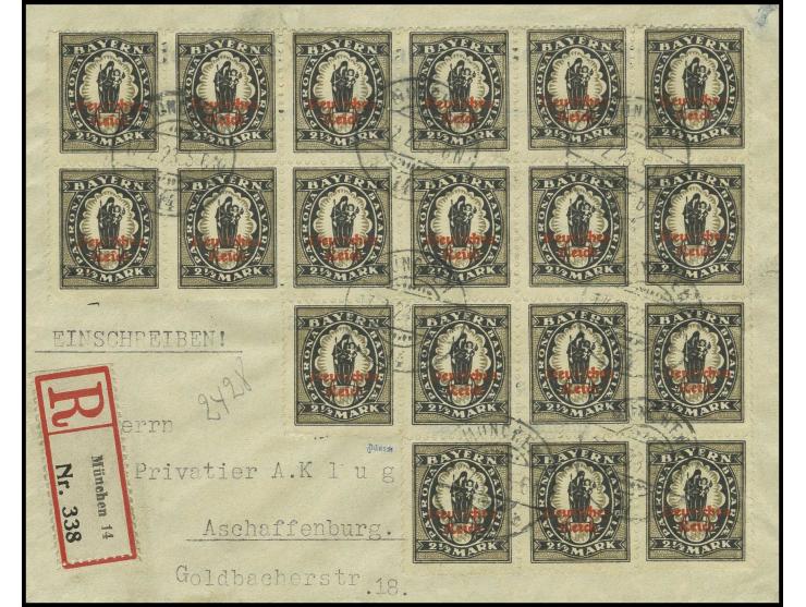 2 1/2 M. Steindruck im 19er- und rückseitig im 17er-Block mit Stempel "MÜNCHEN 17.2.23" auf Kabinett-R-Brief nach Aschaffenbu