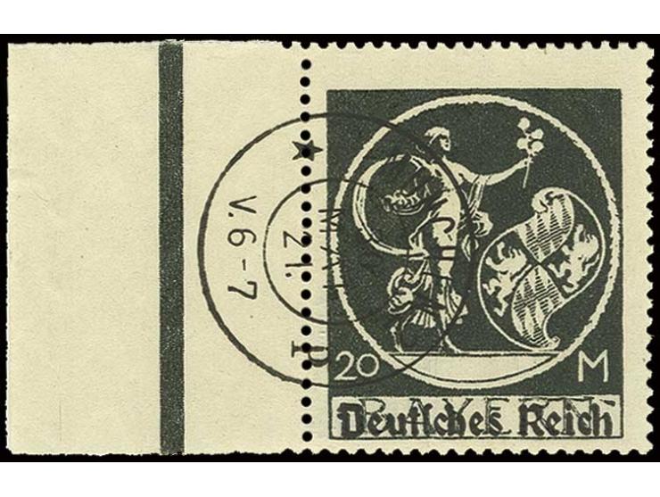 3-20 M. mit jeweils Plattenfehler IX, dabei 10 und 20 M. jeweils linkes Randstück, gestempelt, Pracht, sign. Infla (Mi. 590,-