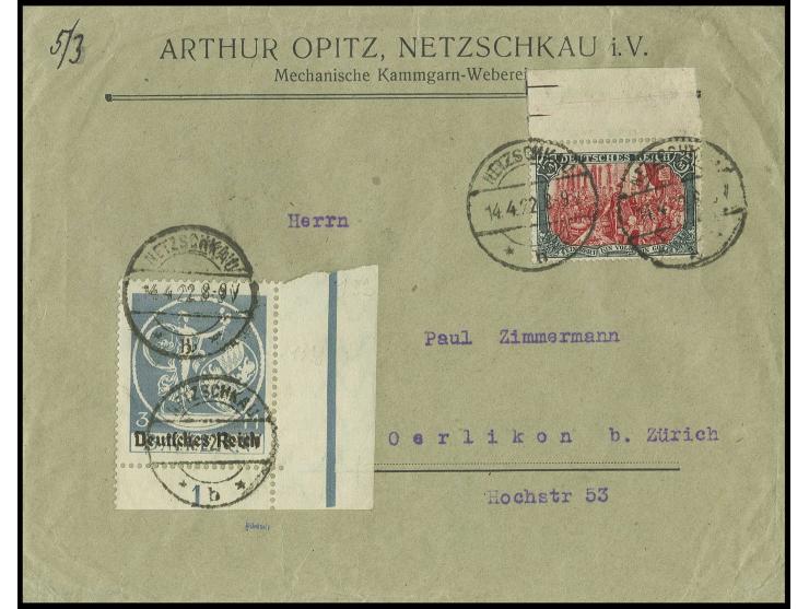 3 M., Eckrandstück, und 5 M. auf Brief bis 60 g von "NETZSCHKAU 14.4.22" in die Schweiz, Kabinett, sign. Düntsch und Infla