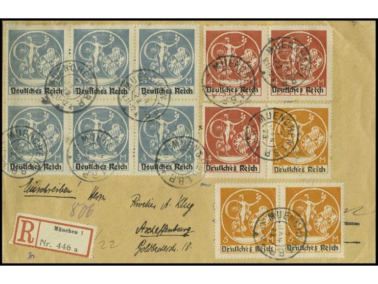 3 M. im 6er-Block, 4 M. (3) und 5 M. (3) mit Stempel "MUENCHEN 7 JAN 23" auf R-Brief nach Aschaffenburg, Kabinett, sign. Dünt