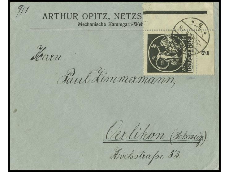 20 M., rechtes unteres Eckrandstück mit sauberem Stempel "NETZSCHKAU 5.10.22" auf Brief in die Schweiz, sign. Düntsch und Inf
