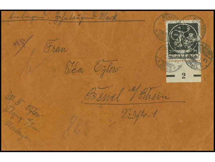 20 M., Unterrandstück mit Stempel "MÜHLDORF 15.5.22" auf Wertbrief über 10.000,- M. nach Beuel, sign. Düntsch BPP und Infla
