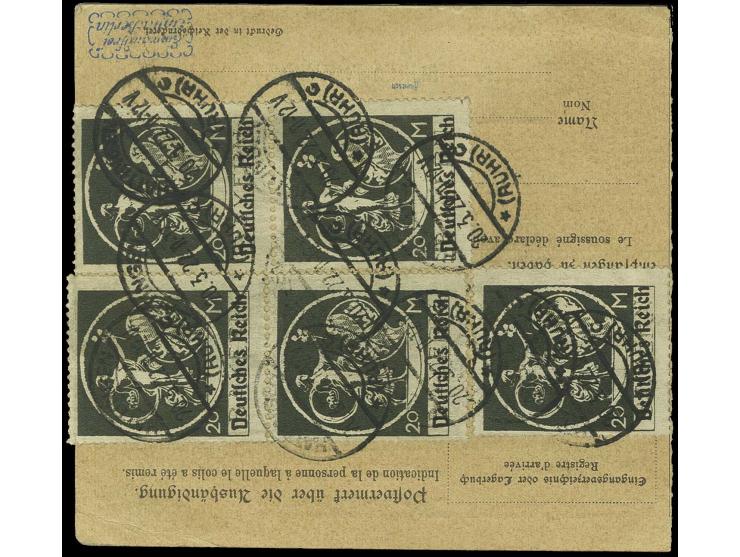 20 M. (5, zwei Werte etwas über Rand geklebt) rückseitig mit Germania 4 M. auf Paketkarte von "HATTINGEN 20.3.22" nach USA, s