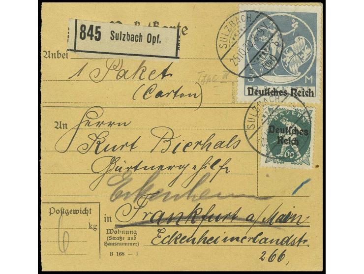 3 M. mit 60 Pfg. und Germania 40 Pfg. auf Paketkarte von "SULZBACH 25.10.20", Pracht, sign. Düntsch und Infla
