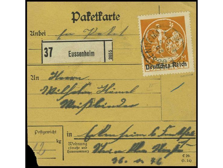 5 M. als Einzelfrankatur auf Paketkarte von "EUSSENHEIM 29.9.20", Pracht, sign. Düntsch und Infla