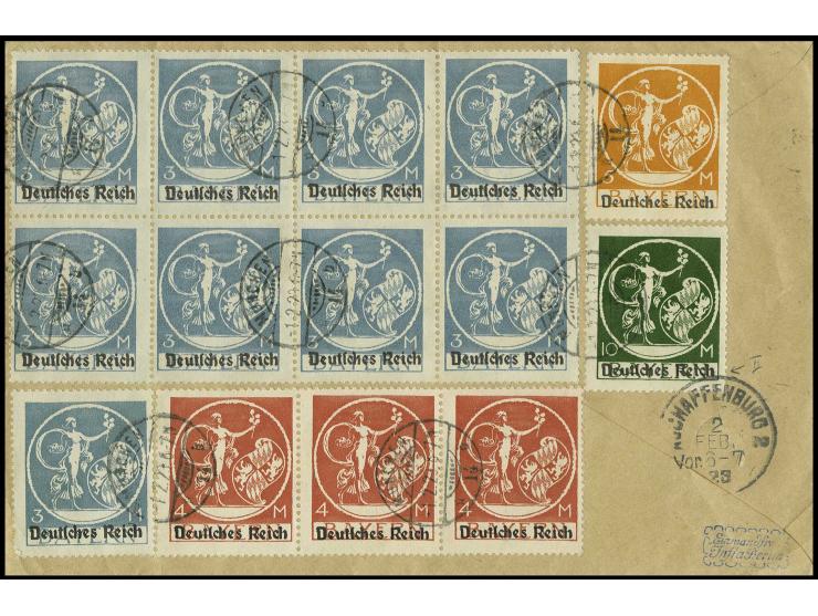 10 M. sowie 3 M. (21), 4 M. (3) und 5 M. in Type I vorder- und rückseitig mit Stempel "MÜNCHEN 1.2.23" auf R-Brief nach Ascha