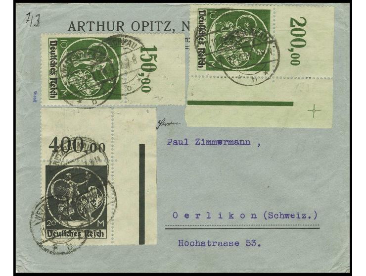 10 M. vom Oberrand sowie 10 und 20 M. in Type I in rechten oberen Eckrandstücken mit Stempel "NETZSCHKAU 11.10.22" auf Brief 