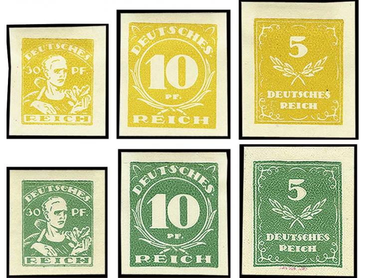 Essays von J. Würstel, München, 5, 10 und 30 Pf., je in 11 bzw. 12 verschiedenen Farben, dabei von 9 Farben alle drei Wertstu