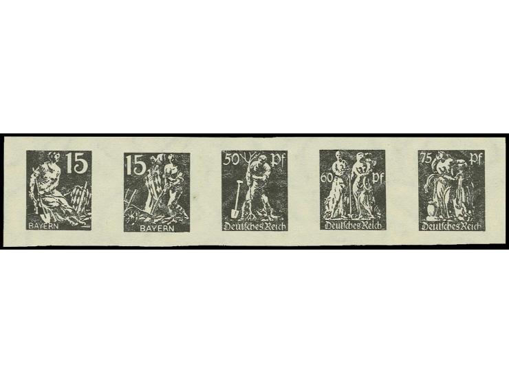 Essays von R. Engels, München, 50, 60 und 75 Pfg., jeweils im 3er-Streifen in 5 verschiedenen Farben sowie im 5er-Streifen mi