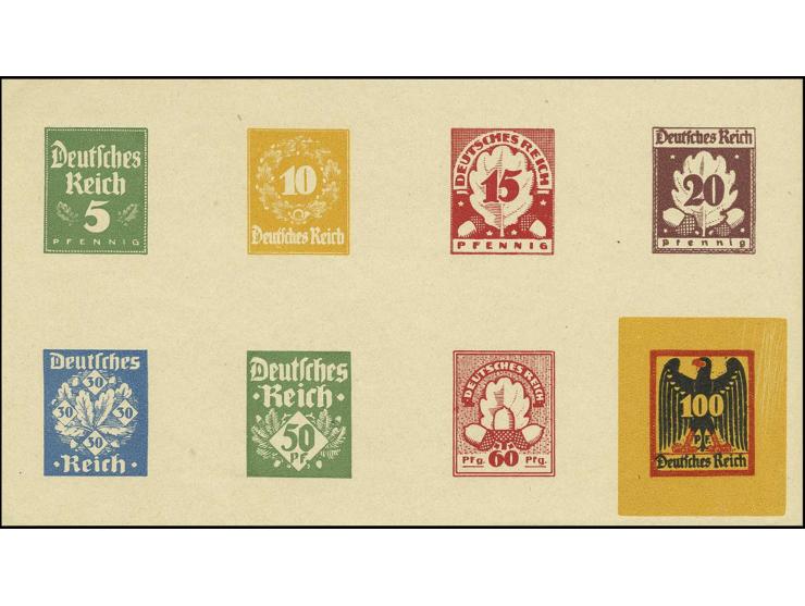 Essays unbekannter Künstler 5-100 Pf. (8 Werte) in verschiedenen Designs und Farben im Blockformat auf ungummiertem Papier, s