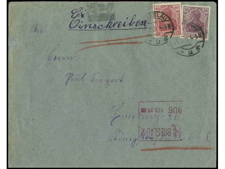 40 Pfg. lilarot und 50 Pfg. graulila in jeweils Type II auf portogerechtem R-Brief von "BRESLAU 25.2.23" mit rotem Automaten-
