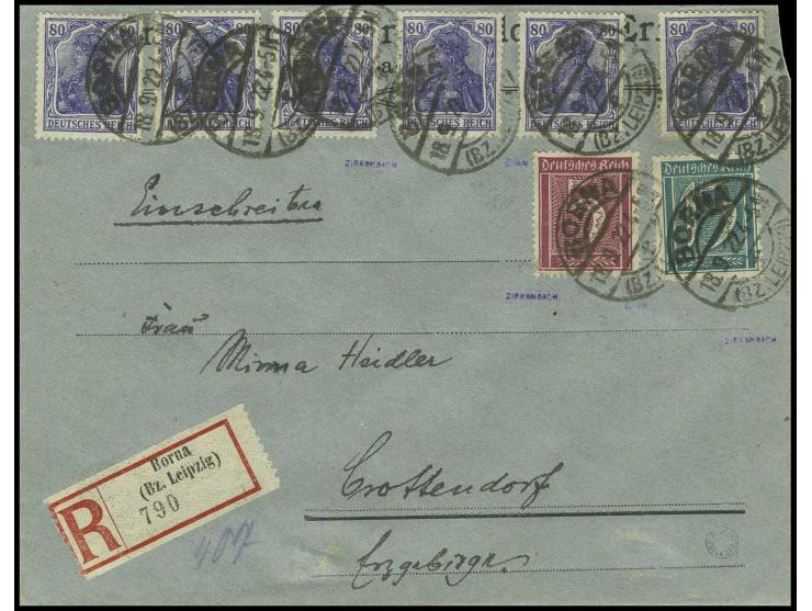 80 Pfg., Type I (6) sowie 5 und 15 Pfg. mit Wz. Waben auf  R-Brief von "BORNA 18.9.22" nach Crottendorf, selten, Kabinett, si