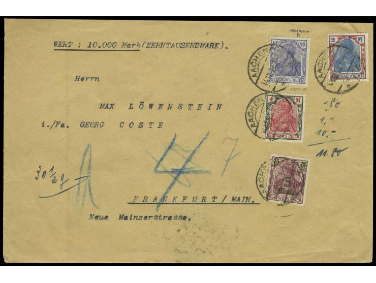80 Pfg. grauultramarin mit Zusatzfrankatur auf Wertbrief von "AACHEN 14.12.21", Kabinett, sign. Schulze