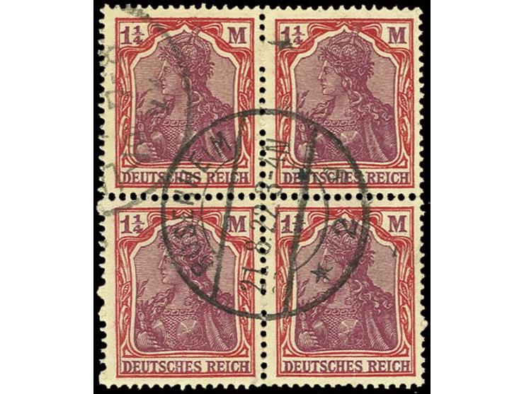 1 1/4 M. karminrot/dunkelkarminlila im waagerecht stark angetrennten 4er-Block mit Stempel "ROSENHEIM 21.8.22", selten, Prach