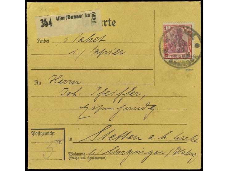 1 1/4 M. als Einzelfrankatur auf Paketkarte von "ULM 19. FEB. 21" nach Stetten, die Marke ist zur Kontrolle gelöst und die Ka