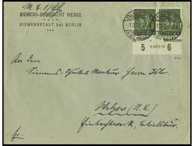 100 Pfg. im waagerechten Paar mit HAN auf Brief von "FALKENBERG 7.3.22", Kabinett, sign. Düntsch und Infla