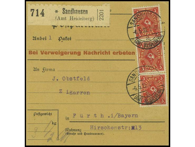 3 M., Einzelwert und senkrechtes Paar als Mehrfachfrankatur auf Paketkarte von "SANDHAUSEN 6.5.22" nach Fürth, Kabinett