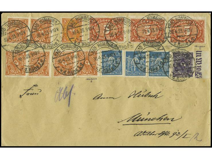 5 M. rotorange, 3 Stück (ein Wert leichte Knitter) mit Zusatzfrankatur auf Brief von "BAD HOMBURG 30.4.23" nach München (Mi. 