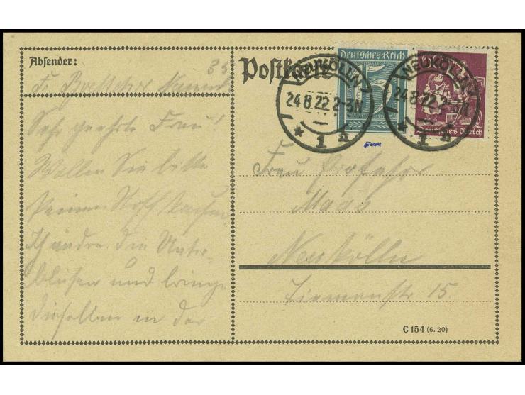 15 und 60 Pfg. auf Ortspostkarte von "NEUKÖLLN 24.8.22", Kabinett, sign. Peschl und Infla