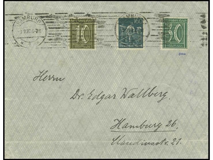 30 Pfg. mit Zusatzfrankatur auf portogerechtem Brief von "HAMBURG 9.9.22", waagerechter Bug durch Brief, sonst in guter Erhal