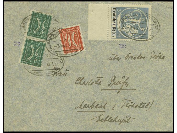 30 Pfg. im senkrechten Paar mit 40 Pfg. und Mi._Nr. 134II, entwertet mit Bahnpost-Ovalstempel 'BRESLAU-KATTOWITZ 19.7.22' auf