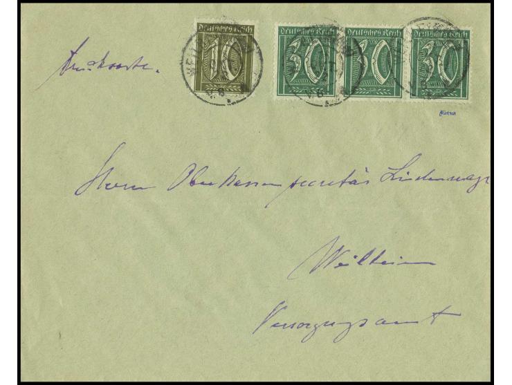 30 Pfg. im waagerechten 3er-Streifen mit 10 Pfg. auf Drucksache von "WEILHEIM 16. OKT. 22", Kabinett, sign. Düntsch und Infla